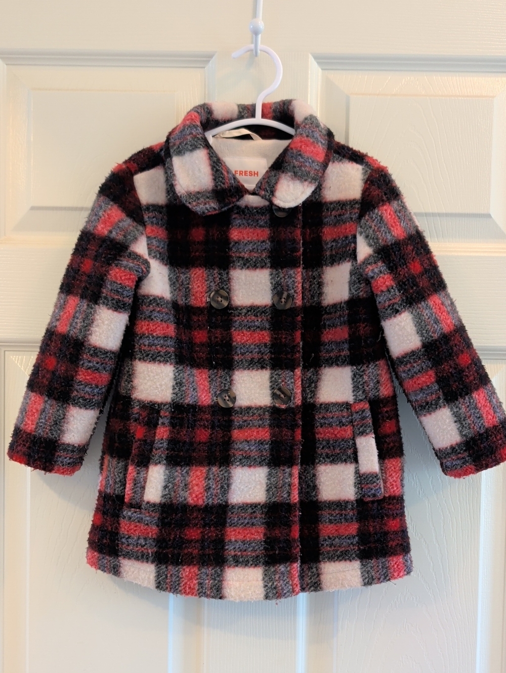 Joe Fresh Pink, Black & White Plaid Double-Breasted Kids Pea Coat 2T